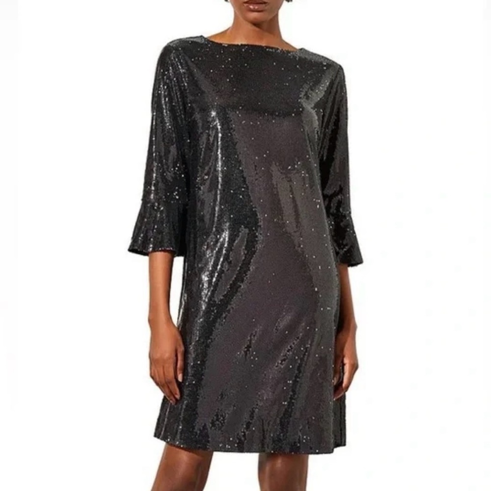 NWT MING WANG Black Silver Sequin Dress, Bell‎ Sleeves, Boat Neck, $315